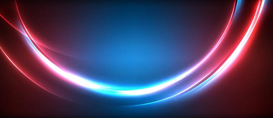 Neon glowing circle rays, light round lines in the dark, planet style neon wave Stock Illustration
