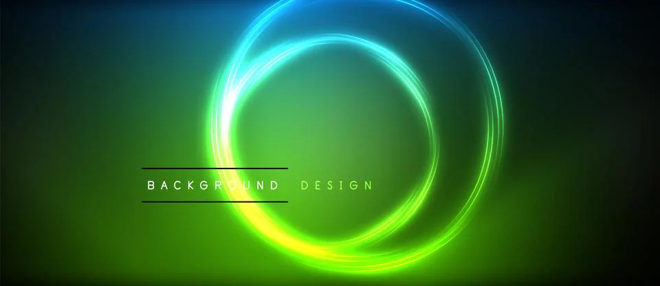 Neon glowing circle rays, light round lines in the dark, planet style neon wave Stock Illustration
