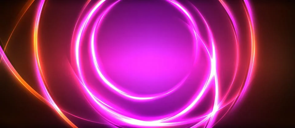 Neon glowing circle rays, light round lines in the dark, planet style neon wave Illustrazione stock