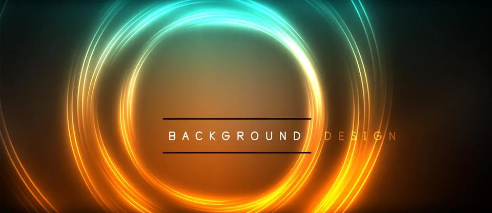 Neon glowing circle rays, light round lines in the dark, planet style neon wave Stock Illustration