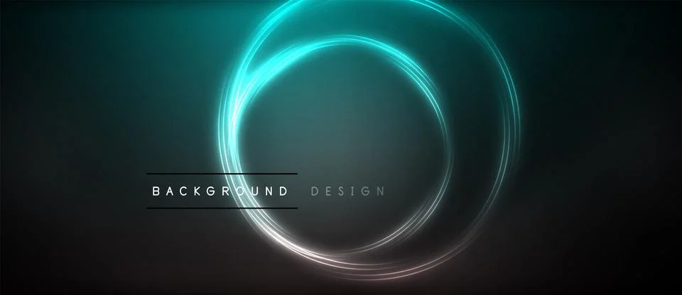 Neon glowing circle rays, light round lines in the dark, planet style neon wave Stockillustratie