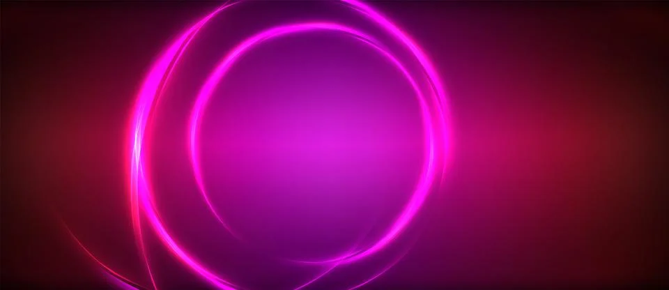Neon glowing circle rays, light round lines in the dark, planet style neon wave Stock Illustration