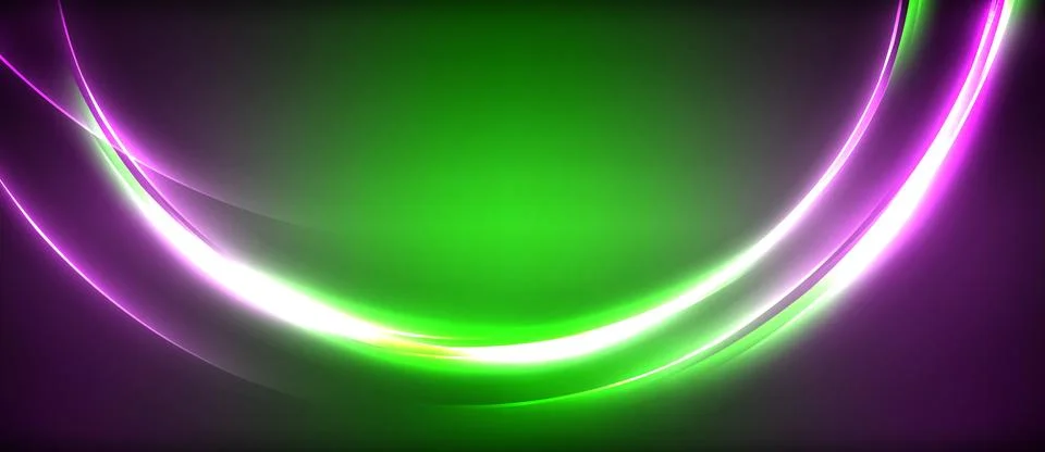 Neon glowing circle rays, light round lines in the dark, planet style neon wave Stock Illustration
