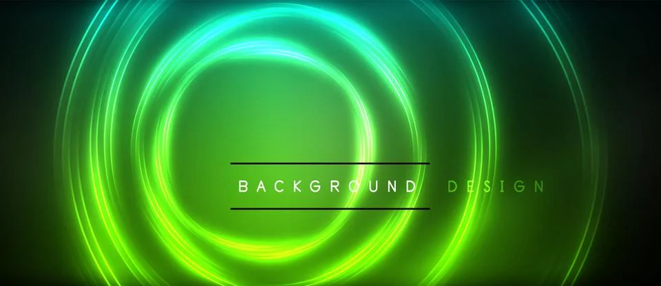 Neon glowing circle rays, light round lines in the dark, planet style neon wave Stock Illustration