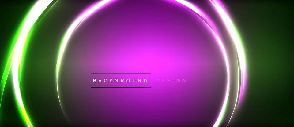 Neon glowing circle rays, light round lines in the dark, planet style neon wave Illustrazione stock