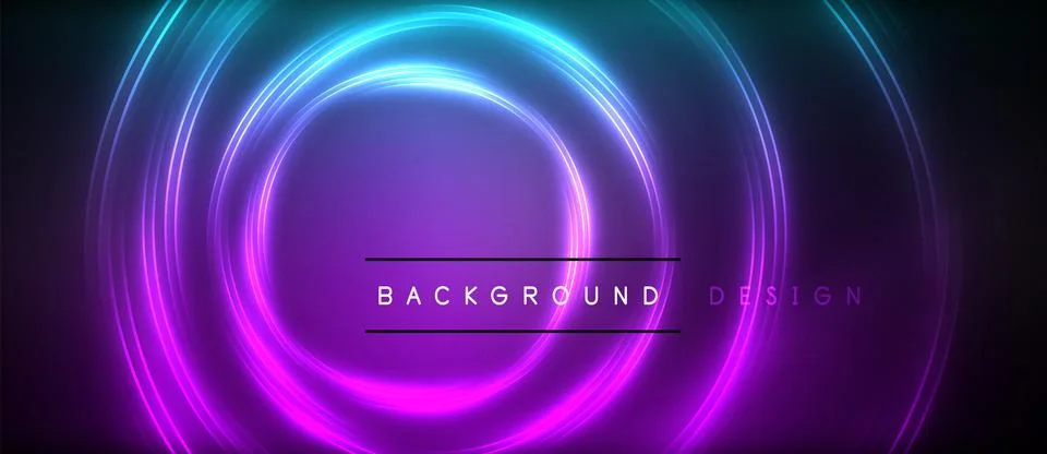 Neon glowing circle rays, light round lines in the dark, planet style neon wave Stock Illustration