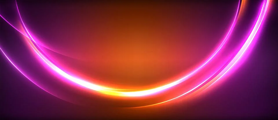 Neon glowing circle rays, light round lines in the dark, planet style neon wave Stock Illustration