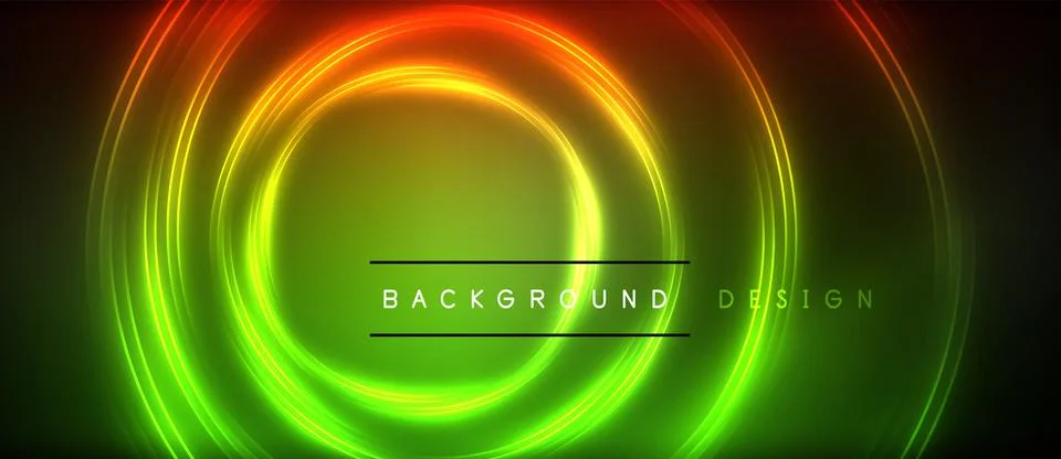 Neon glowing circle rays, light round lines in the dark, planet style neon wave Stock Illustration