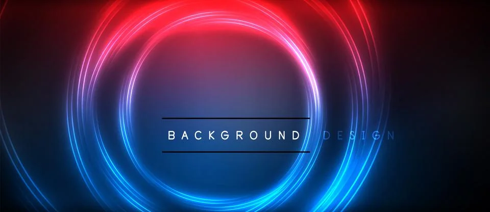 Neon glowing circle rays, light round lines in the dark, planet style neon wave Stock Illustration