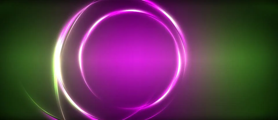Neon glowing circle rays, light round lines in the dark, planet style neon wave イラスト素材