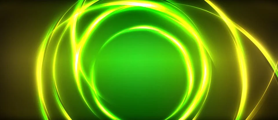 Neon glowing circle rays, light round lines in the dark, planet style neon wave Illustrazione stock