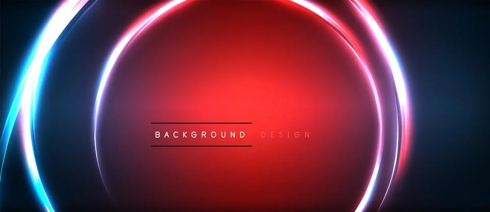 Neon glowing circle rays, light round lines in the dark, planet style neon wave Stock Illustration