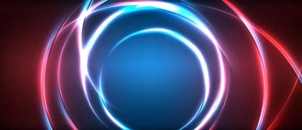 Neon glowing circle rays, light round lines in the dark, planet style neon wave Stock Illustration