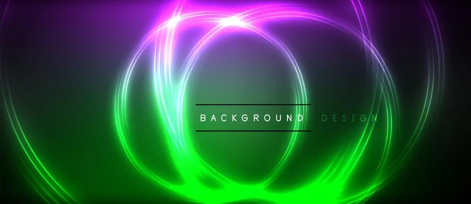 Neon glowing circle rays, light round lines in the dark, planet style neon wave Stock Illustration