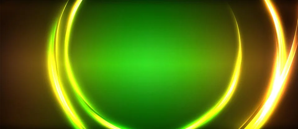 Neon glowing circle rays, light round lines in the dark, planet style neon wave Stock Illustration