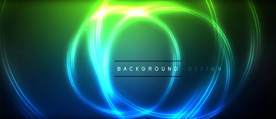 Neon glowing circle rays, light round lines in the dark, planet style neon wave Stock Illustration
