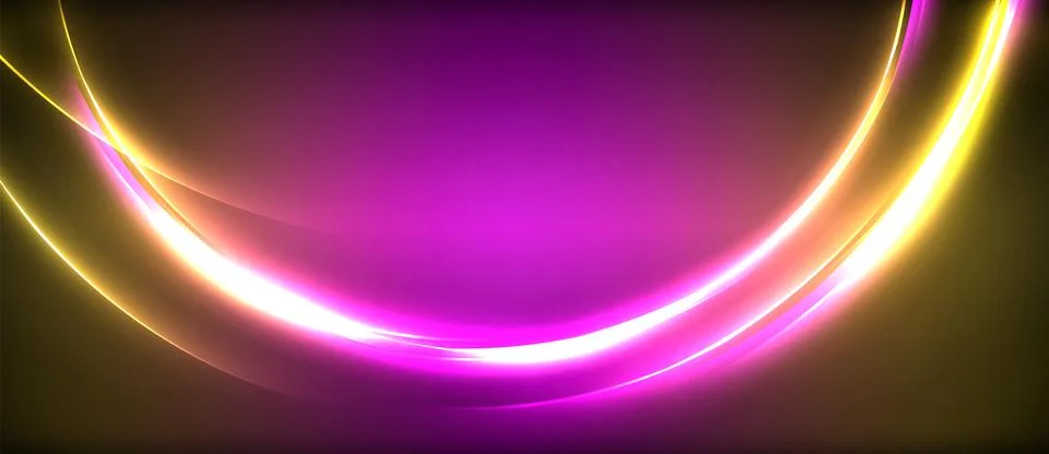 Neon glowing circle rays, light round lines in the dark, planet style neon wave Illustrazione stock