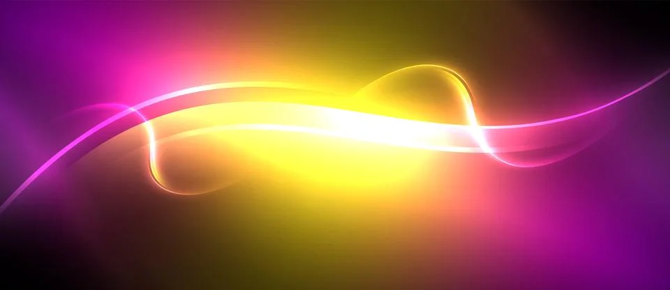 Neon glowing circle rays, light round lines in the dark, planet style neon wave Stock Illustration