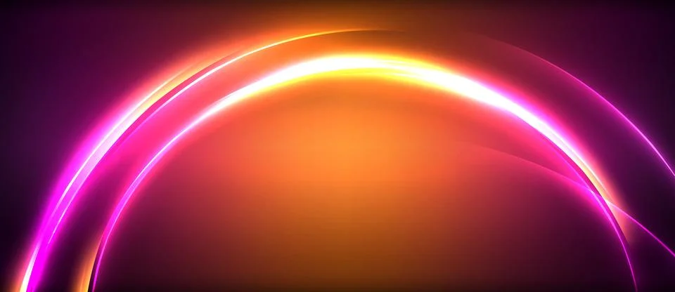 Neon glowing circle rays, light round lines in the dark, planet style neon wave Stock Illustration