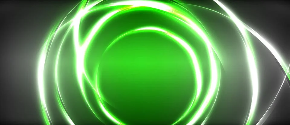Neon glowing circle rays, light round lines in the dark, planet style neon wave Stock Illustration