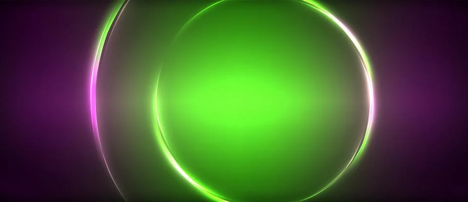 Neon glowing circle rays, light round lines in the dark, planet style neon wave Stock Illustration