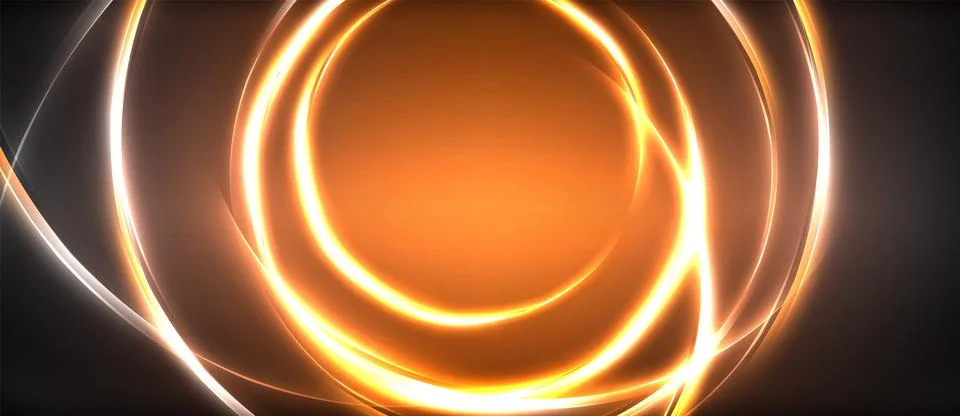 Neon glowing circle rays, light round lines in the dark, planet style neon wave Stock Illustration