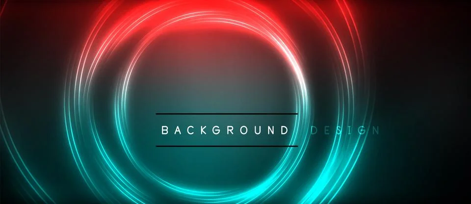 Neon glowing circle rays, light round lines in the dark, planet style neon wave Stock Illustration