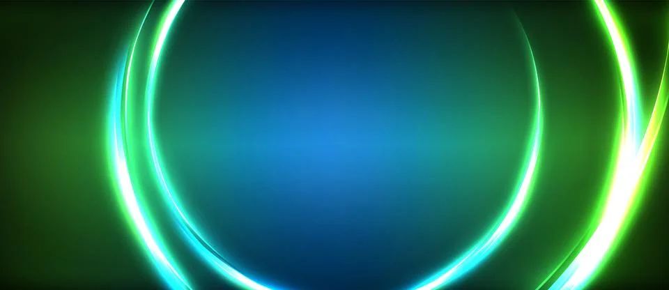 Neon glowing circle rays, light round lines in the dark, planet style neon wave Stock Illustration