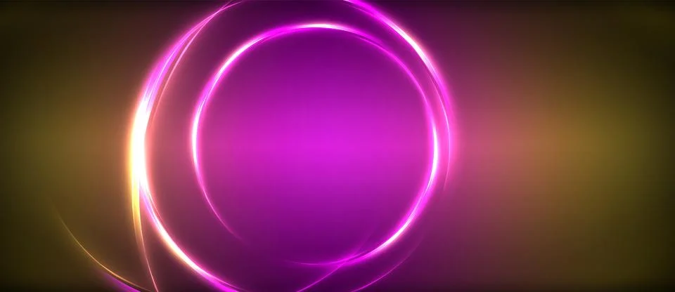 Neon glowing circle rays, light round lines in the dark, planet style neon wave Stock Illustration