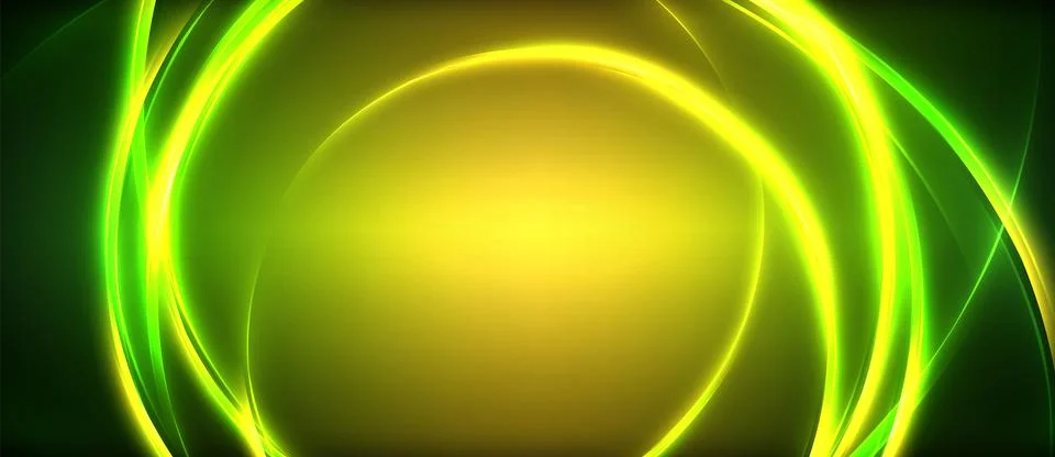 Neon glowing circle rays, light round lines in the dark, planet style neon wave Illustrazione stock