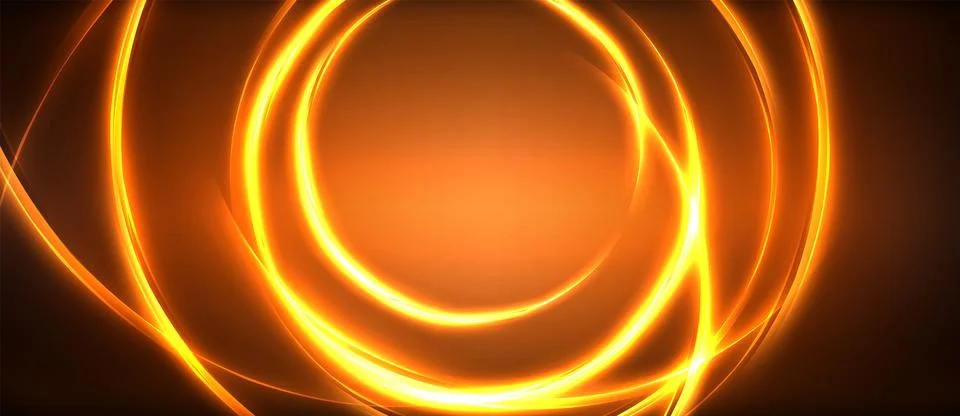 Neon glowing circle rays, light round lines in the dark, planet style neon wave Stock Illustration