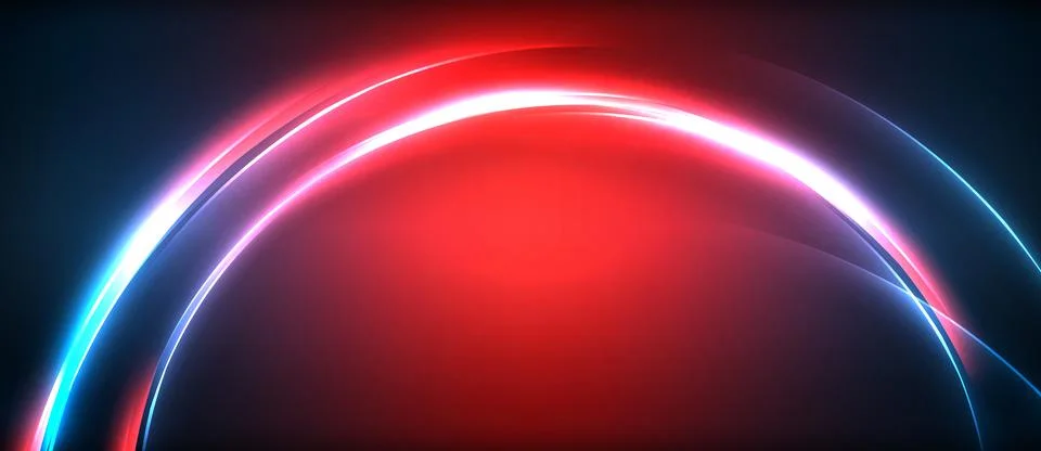 Neon glowing circle rays, light round lines in the dark, planet style neon wave Illustrazione stock