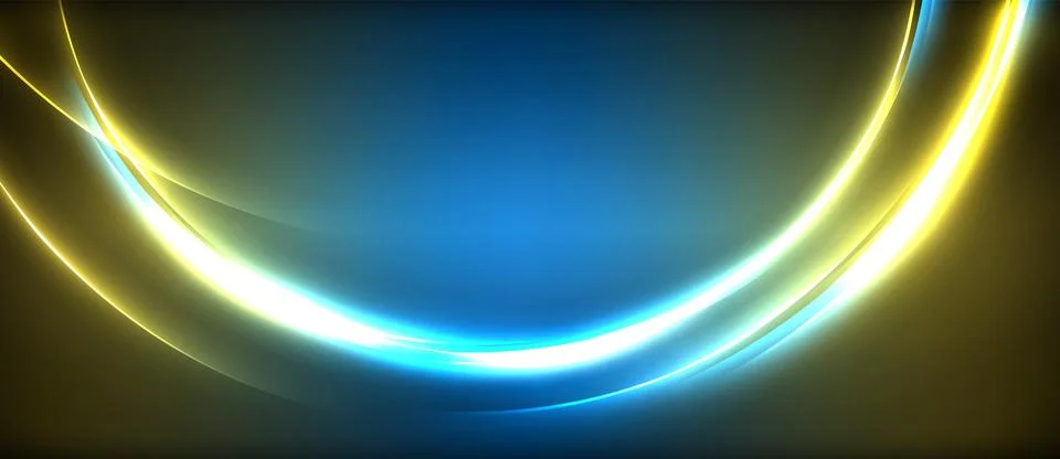 Neon glowing circle rays, light round lines in the dark, planet style neon wave Stock Illustration