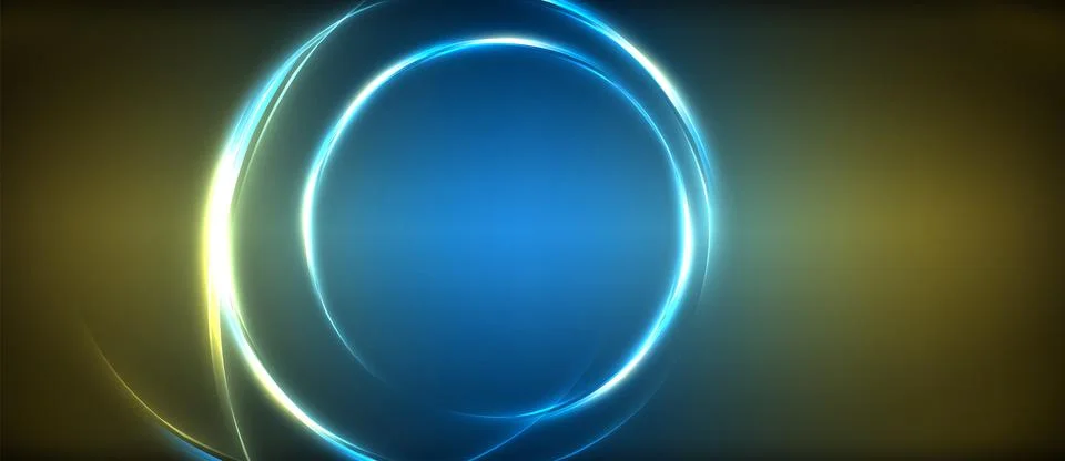 Neon glowing circle rays, light round lines in the dark, planet style neon wave 스톡 일러스트