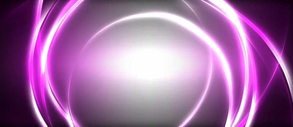 Neon glowing circle rays, light round lines in the dark, planet style neon wave Stock Illustration