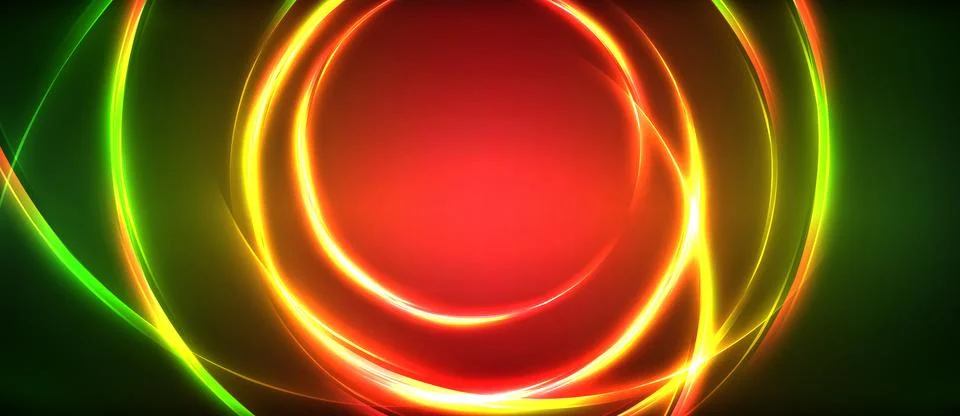 Neon glowing circle rays, light round lines in the dark, planet style neon wave Stock Illustration