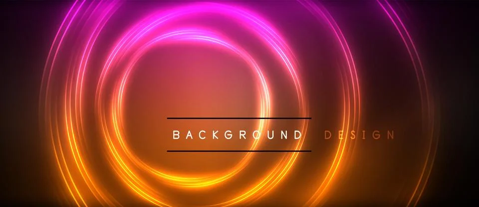 Neon glowing circle rays, light round lines in the dark, planet style neon wave Stock Illustration