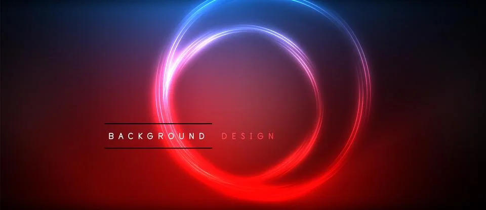 Neon glowing circle rays, light round lines in the dark, planet style neon wave Stock Illustration