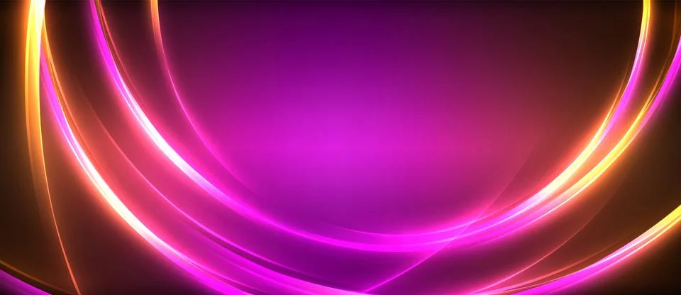 Neon glowing circle rays, light round lines in the dark, planet style neon wave Stock Illustration