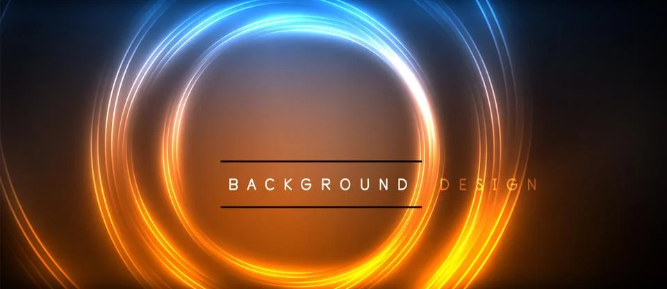 Neon glowing circle rays, light round lines in the dark, planet style neon wave Stock Illustration