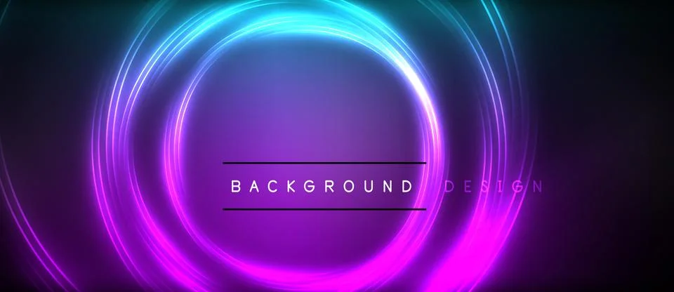 Neon glowing circle rays, light round lines in the dark, planet style neon wave Stock Illustration