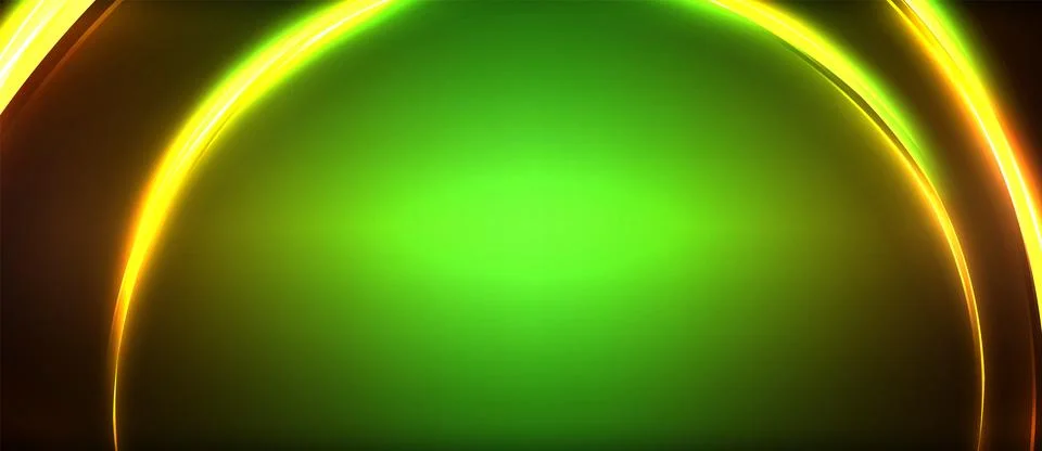 Neon glowing circle rays, light round lines in the dark, planet style neon wave Stock Illustration