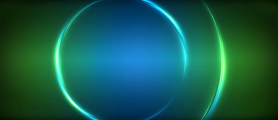 Neon glowing circle rays, light round lines in the dark, planet style neon wave Stock Illustration