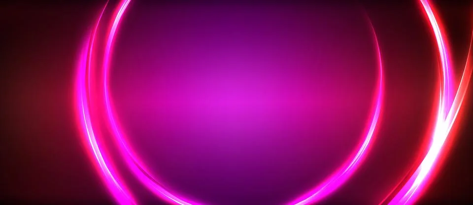 Neon glowing circle rays, light round lines in the dark, planet style neon wave Stock Illustration