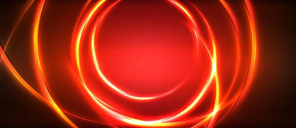 Neon glowing circle rays, light round lines in the dark, planet style neon wave Stock Illustration