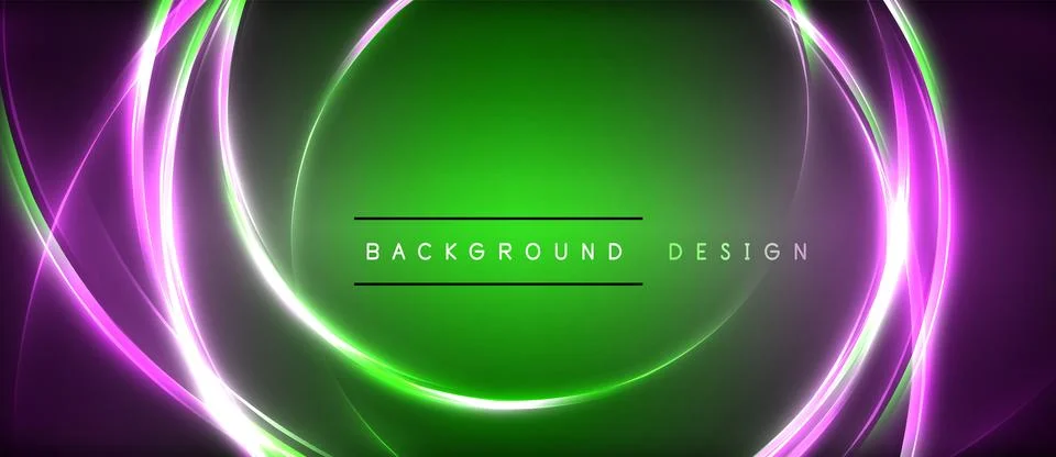 Neon glowing circle rays, light round lines in the dark, planet style neon wave Illustrazione stock