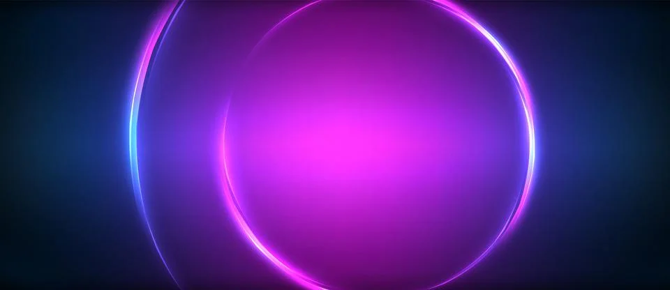 Neon glowing circle rays, light round lines in the dark, planet style neon wave Stock Illustration