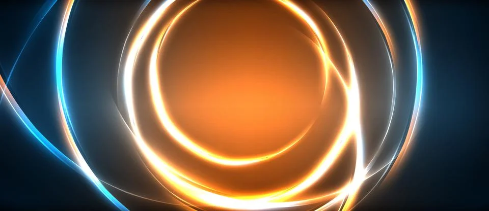 Neon glowing circle rays, light round lines in the dark, planet style neon wave 스톡 일러스트