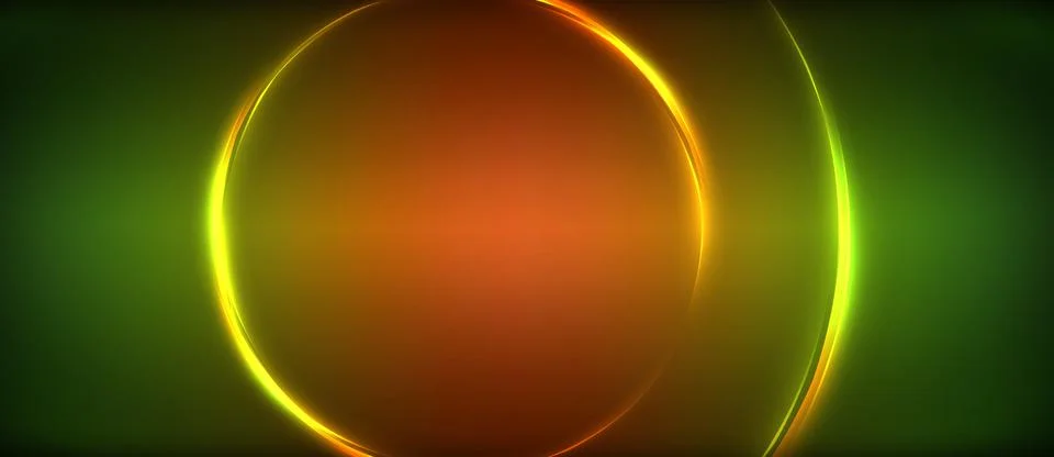 Neon glowing circle rays, light round lines in the dark, planet style neon wave Stock Illustration