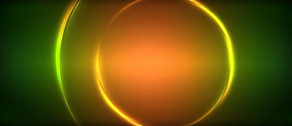 Neon glowing circle rays, light round lines in the dark, planet style neon wave Illustrazione stock